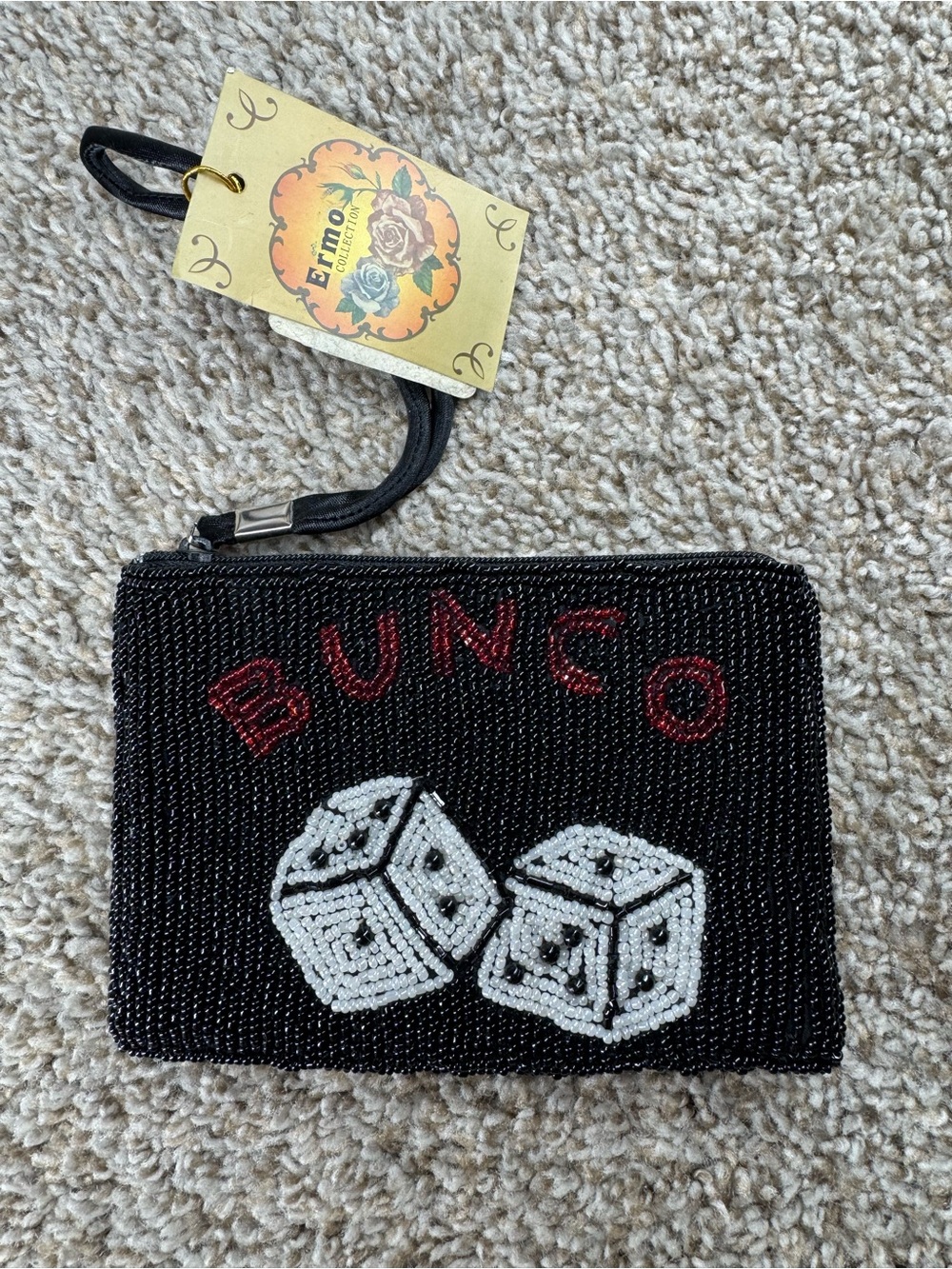 Beaded Black Dice Wristlet with 'BUNCO' Red Lettering